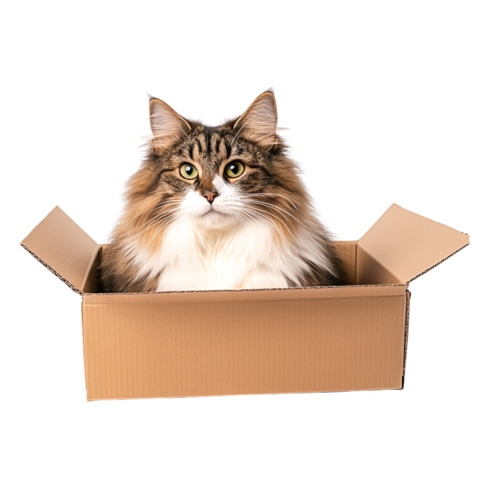 Cat Sitting in a Box with a Curious Expressind Fluffy Fur png