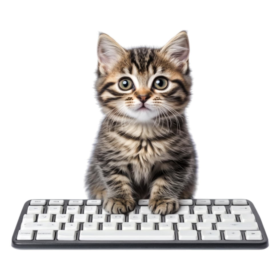 Playful tabby kitten sitting at a computer keyboard with curious expression png