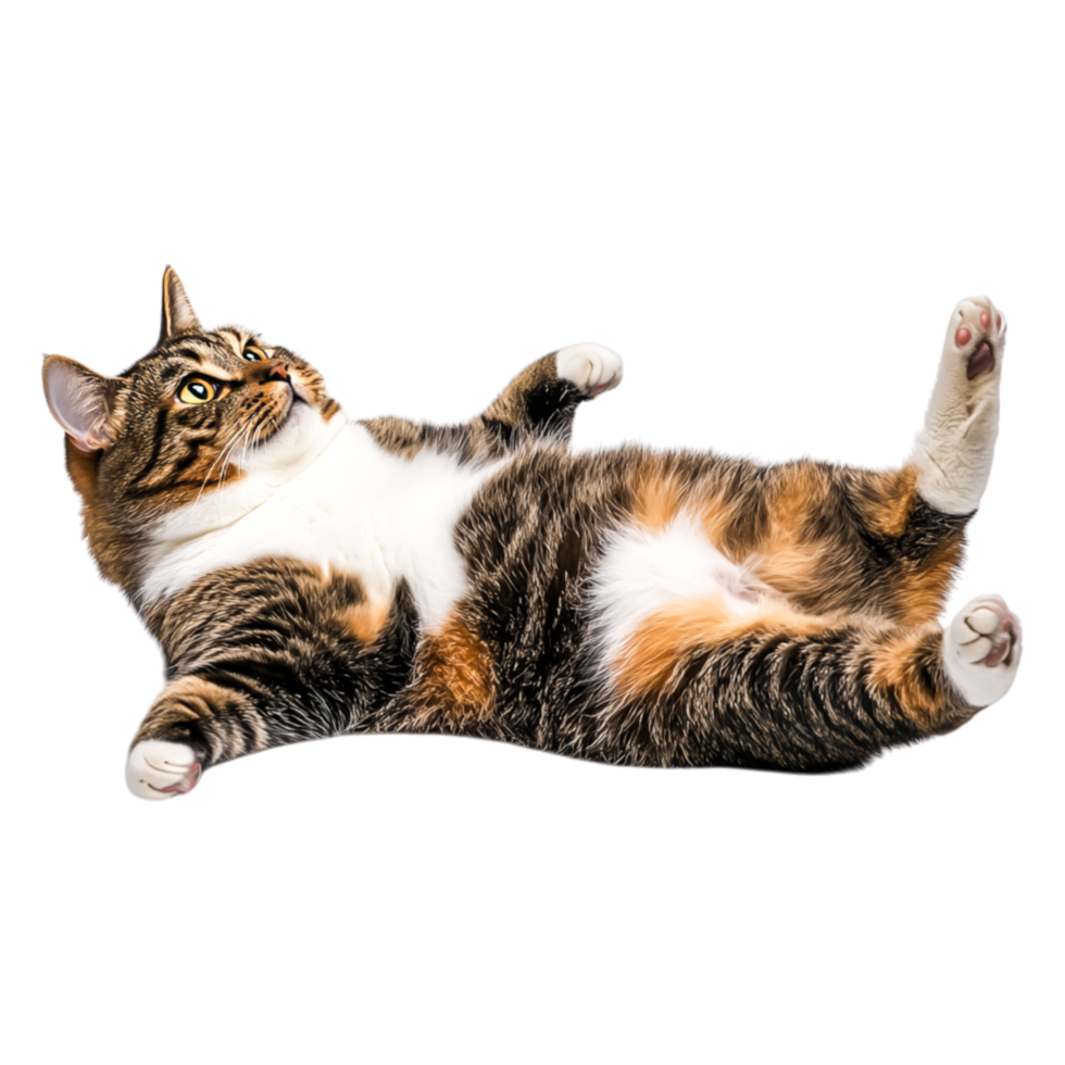 Playful Tabby Cat Lying on Its Back with a Relaxed Expression png