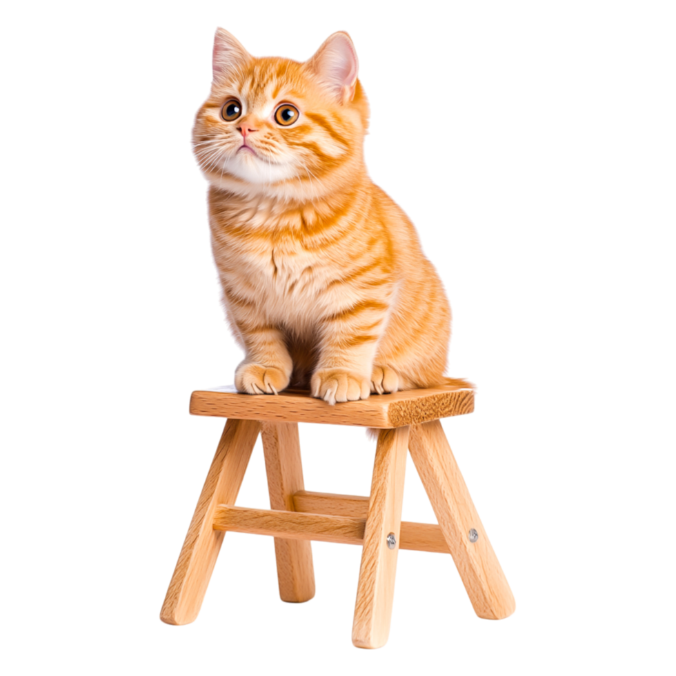 Cute Ginger Cat Sitting Small Wooden Stool with a Playful Expression png