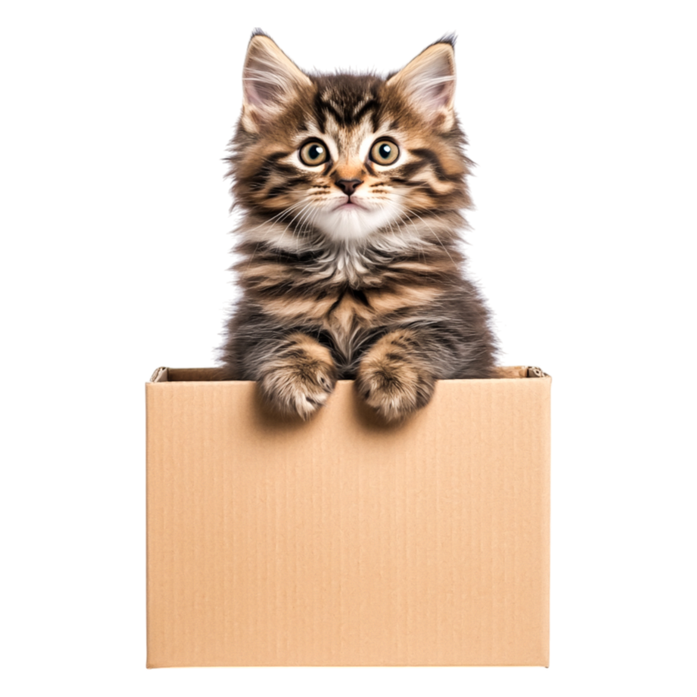 Adorable tabby kitten sitting inside a cardboard box with curious expression png