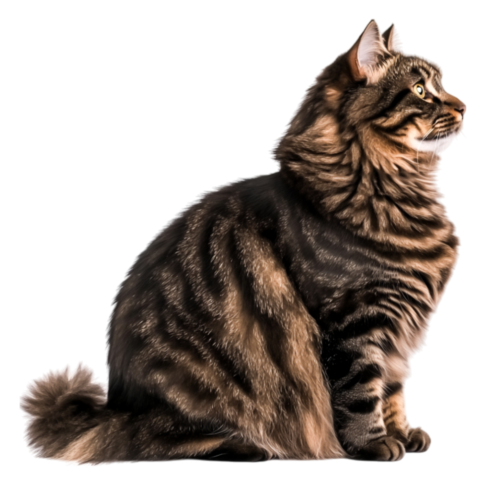 Majestic Tabby Cat Sitting Gracefully with Profile View and Long Fur png