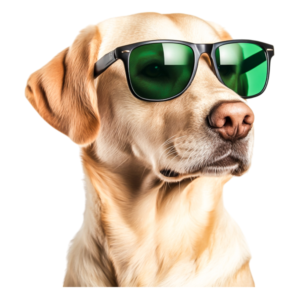 Cool Labrador Retriever Wearing Green Sunglasses with Playful Expression png