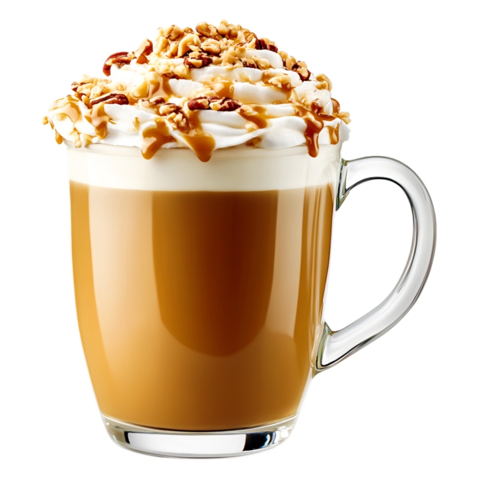 Delicious Caramel Macchiato with Whipped Cream and Nuts in Clear Mug png
