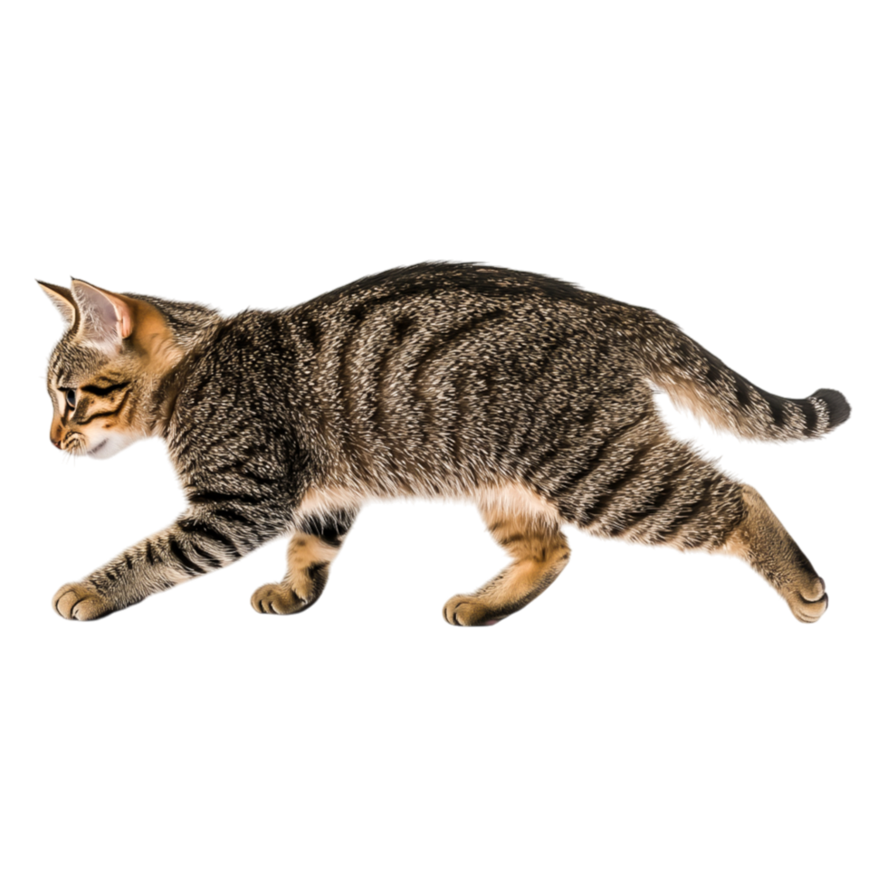 Striped Cat Walking Gracefully with Focused Expression in Natural Light png