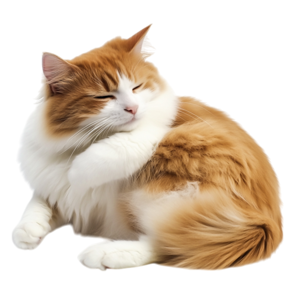 Fluffy ginger and white cat resting comfortably soft cushion png