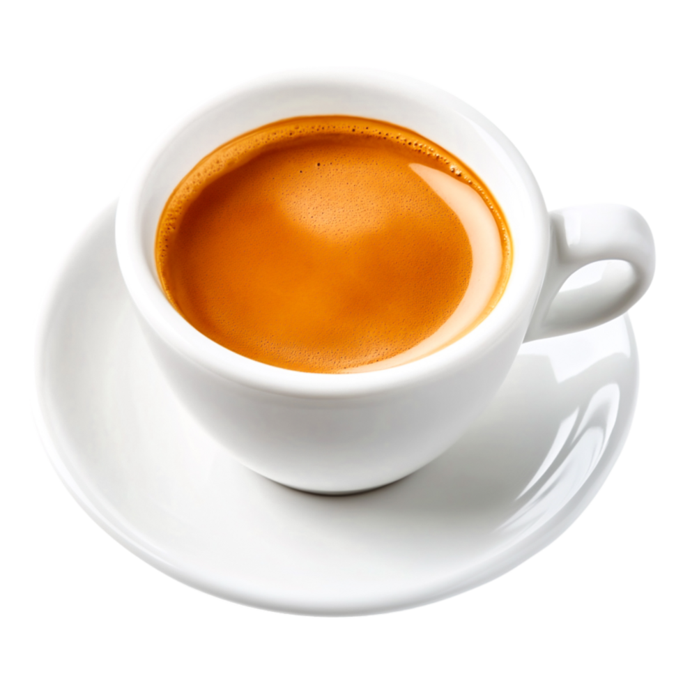 closeup of Freshly Brewed Espresso in White Ceramic Cup on Saucer png