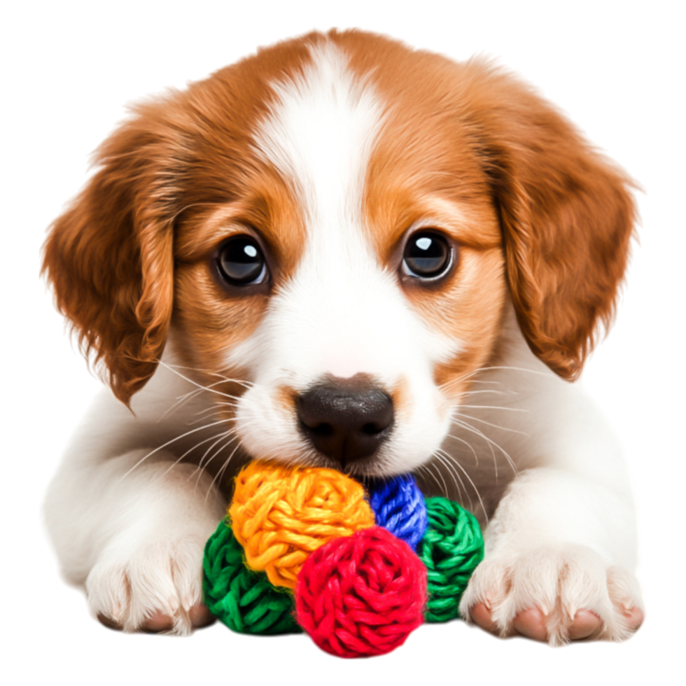 Adorable Puppy Playing with Colorful Yarn Ball in Bright Studio Setting png
