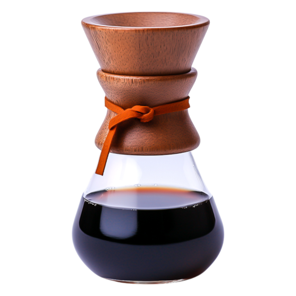 Elegant Chemex Coffee Maker with Rich Dark Brew in Clear Glass Design png