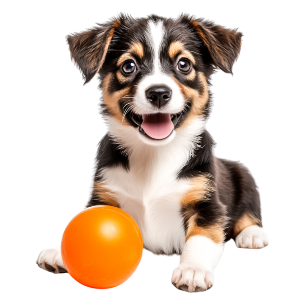 Happy Puppy with Orange Ball Sitting on , Playful Expression png