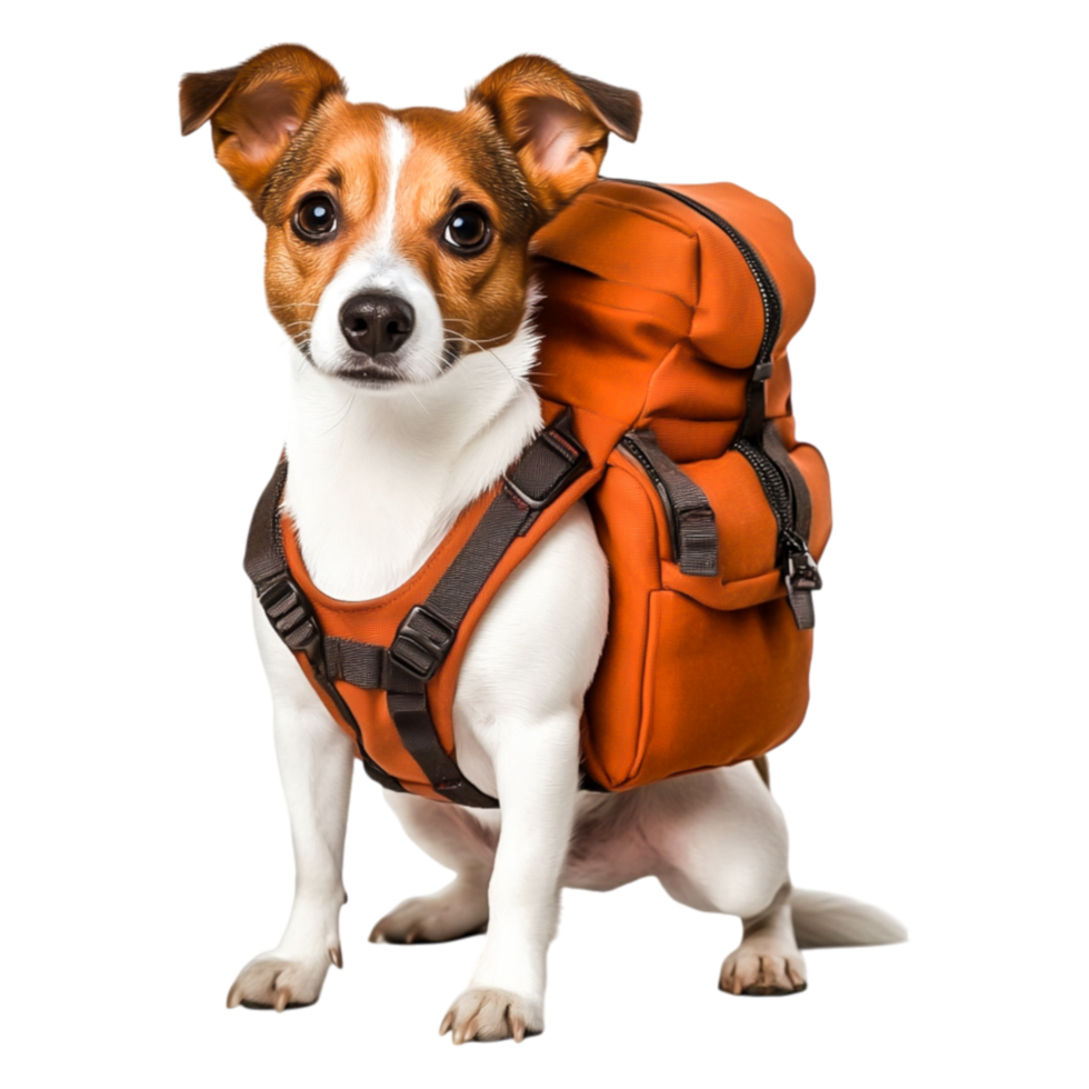Adventurous Dog in Orange Backpack Ready for Outdoor Exploration png