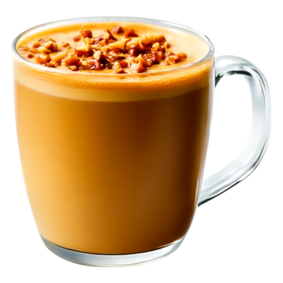 Deliciously Creamy Coffee Drink with Toppings in Clear Glass Mug png