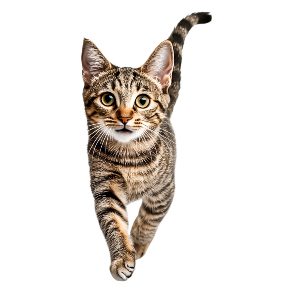 Playful striped cat walking towards the camera with curious expression png