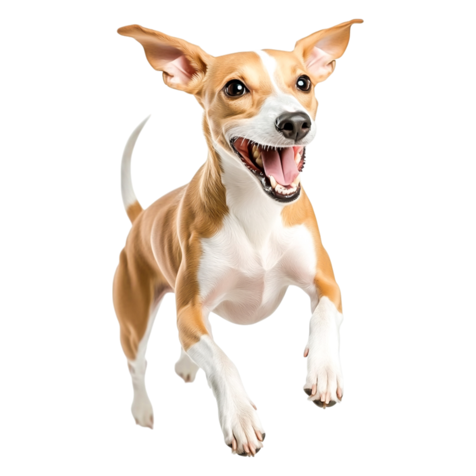 Playful Dog Running Joyfully in Outdoor Scene with Blue Sky and Green Grass png