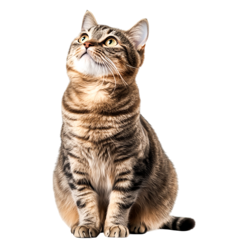 Domestic Tabby Cat Sitting and Looking Up with Curious Expression png