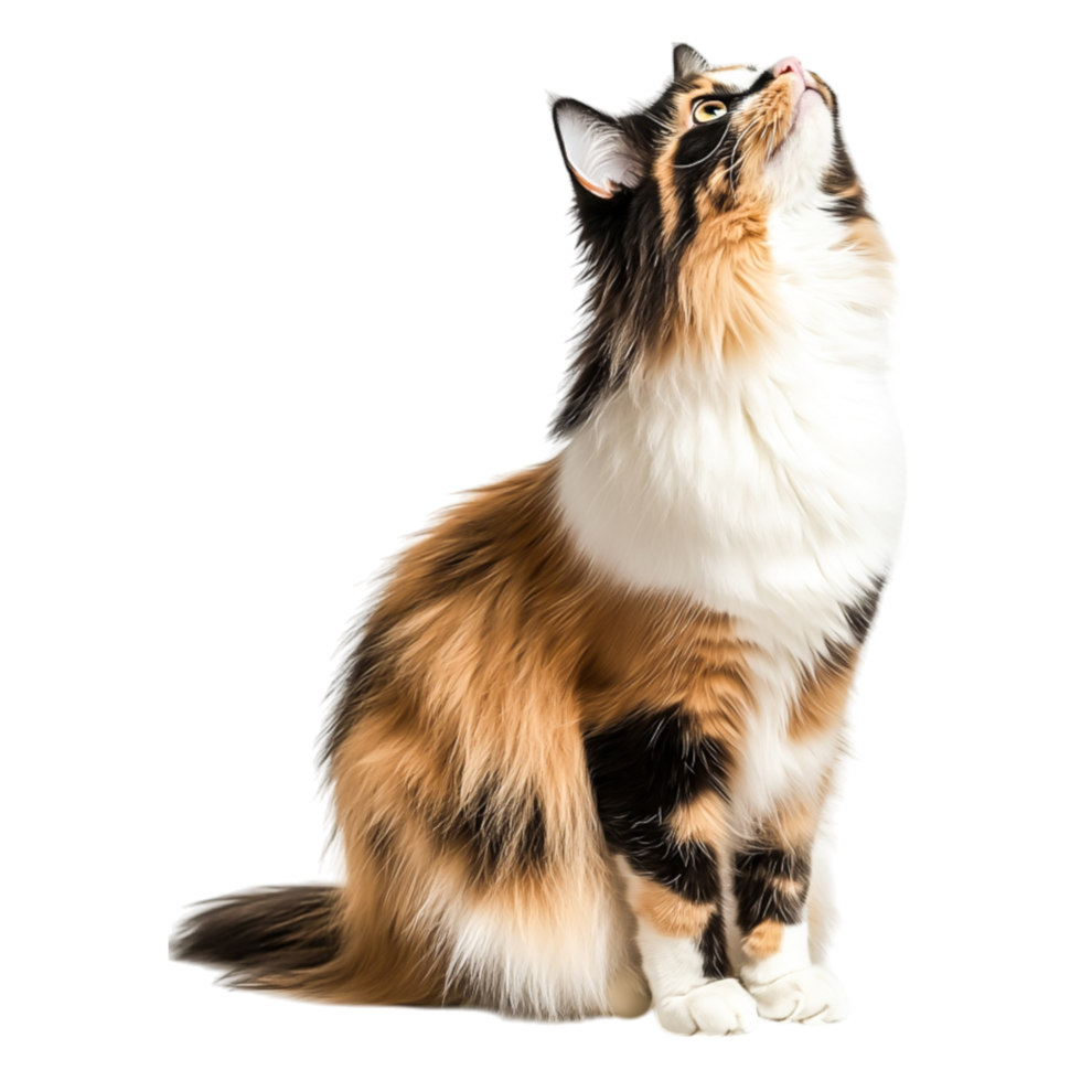 Beautiful Calico Cat Looking Up with Curiosity and Wonder in Profile View png