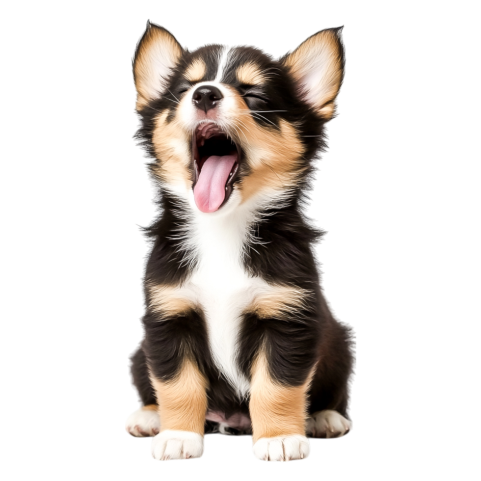 Playful puppy yawning with energy and charm in a bright setting png