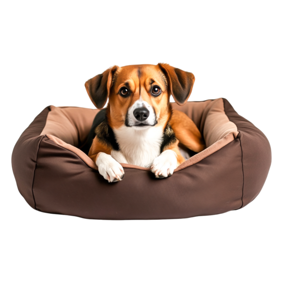 Adorable Beagle Dog Sitting Comfortably in a Soft Pet Bed png