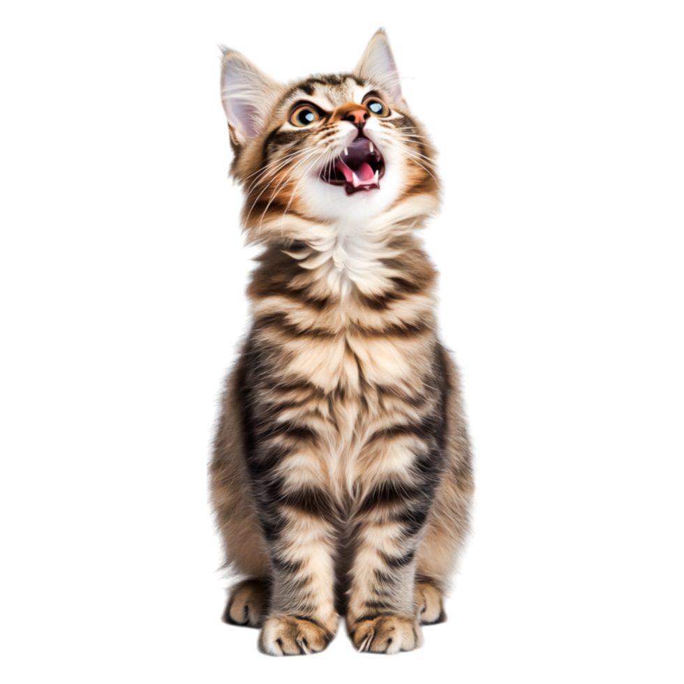 Playful Tabby Cat with Open Mouth Seeking Attentind Affection png
