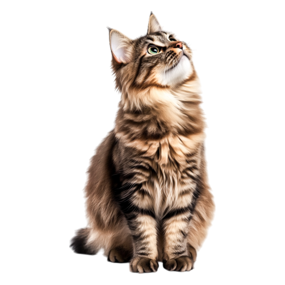 Majestic Brown Tabby Cat with Striking Green Eyes Looking Upwards png