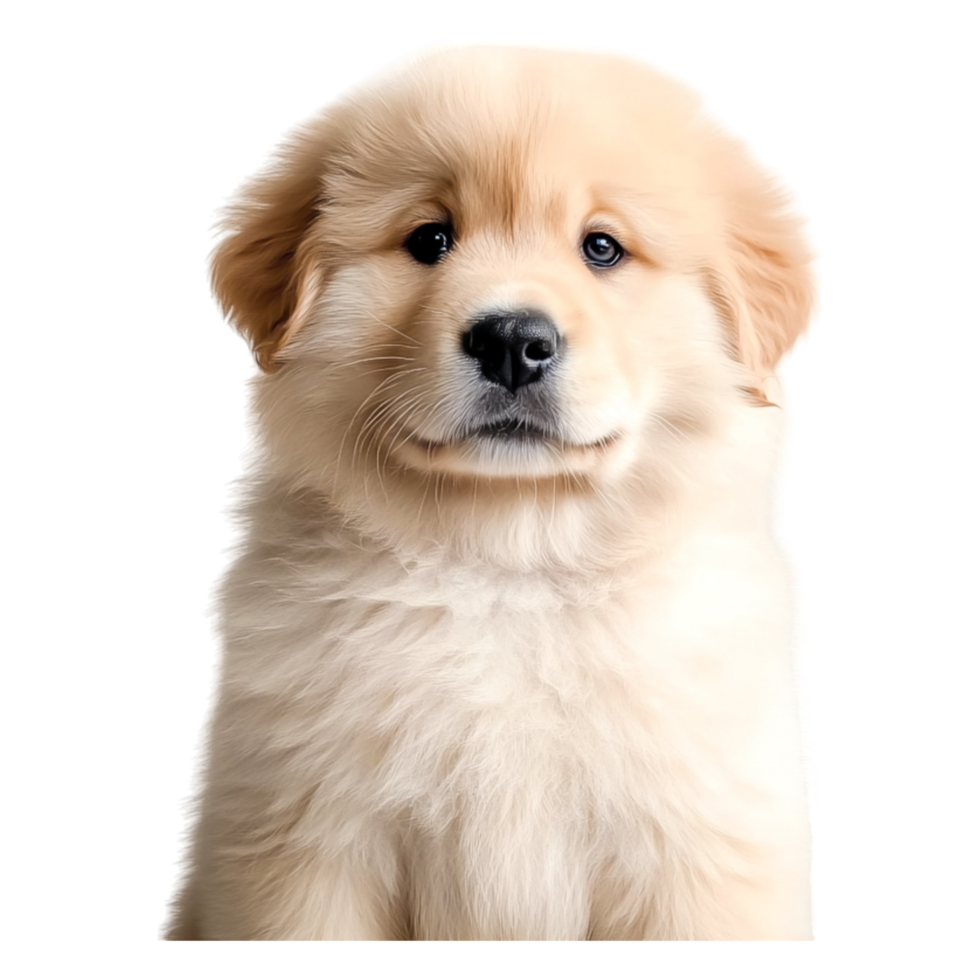 Cute golden retriever puppy sitting with a curious expression in soft light png