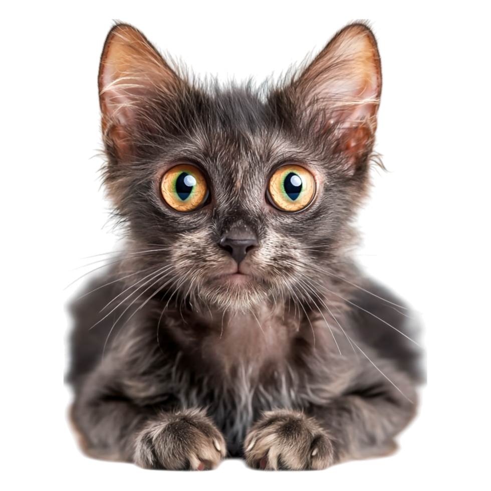 Adorable gray kitten with striking green eyes looking curiously at the camera png