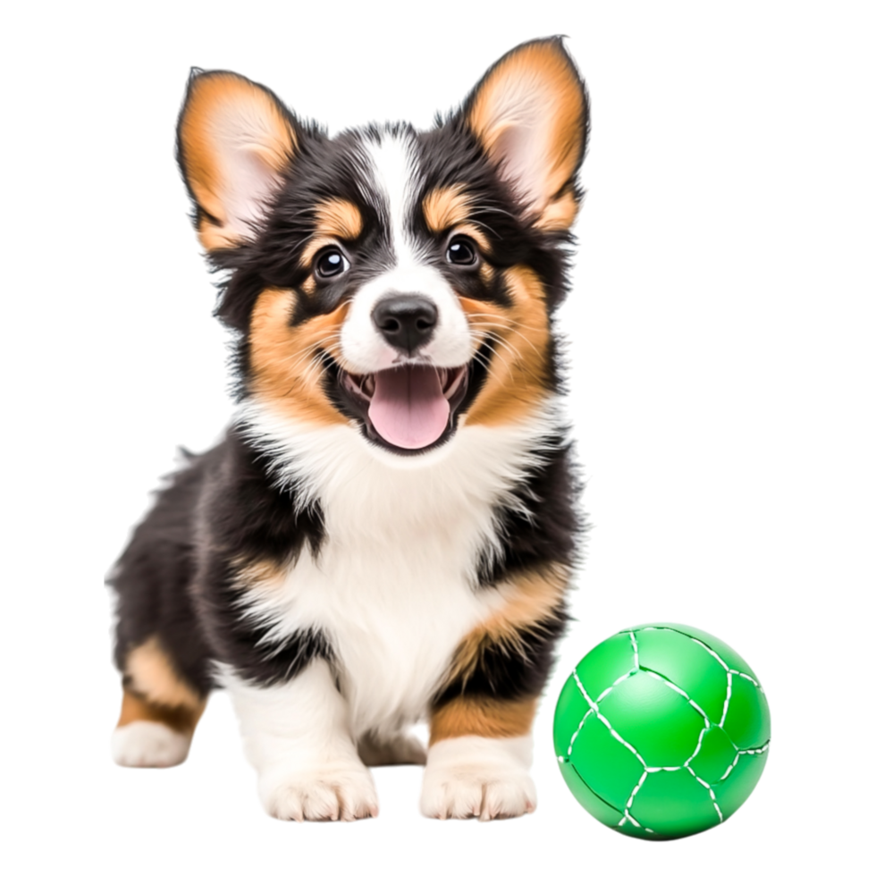 Happy Corgi Puppy with Green Ball Playing on png