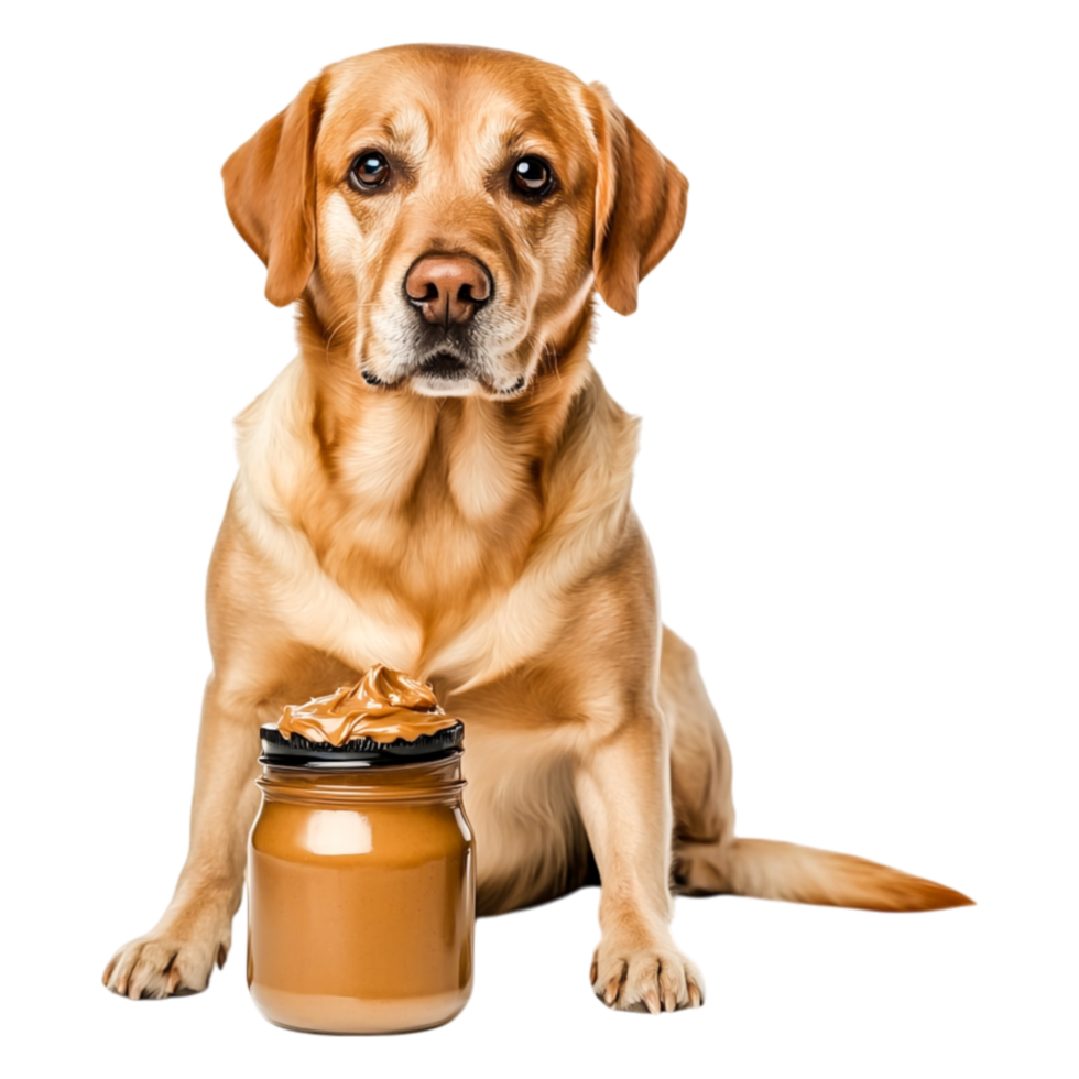 Adorable Labrador Retriever Dog Sitting Beside a Jar of Peanut Butter png