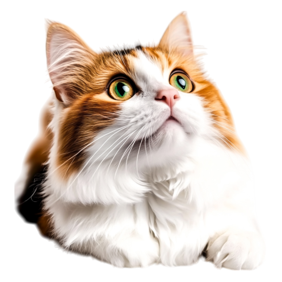 Portrait of a Curious Cat with Bright Green Eyes Looking Upward in Wonder png