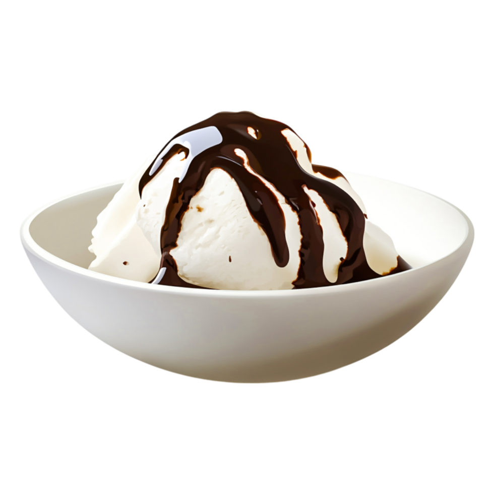 Creamy Vanilla Ice Cream in Bowl with Rich Chocolate Syrup Drizzle png