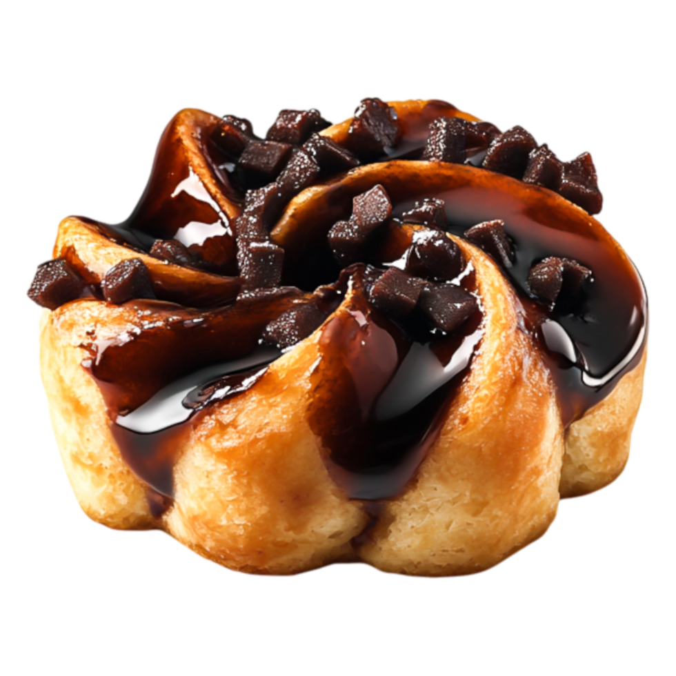 Delicious Chocolate Cinnamon Roll with Rich Glaze and Tasty Toppings png