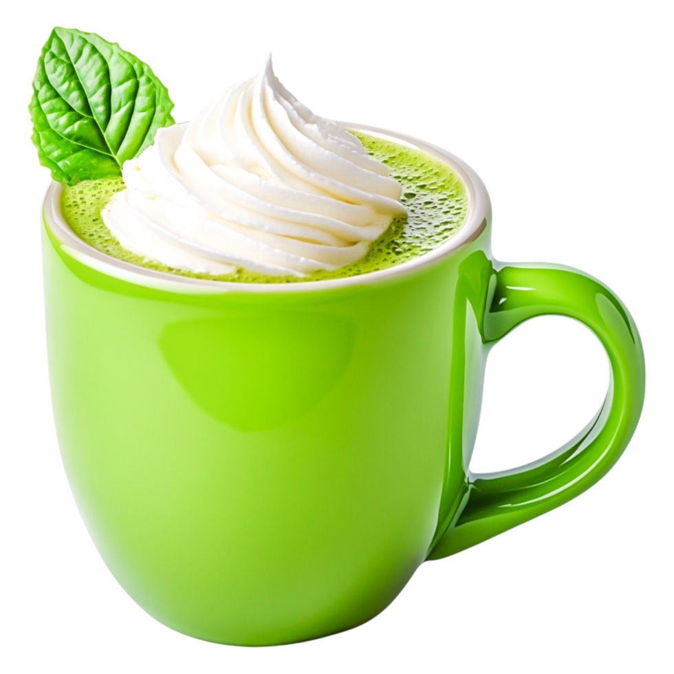 Fresh Green Matcha Drink with Creamy Topping and Mint Leaf Decoration png
