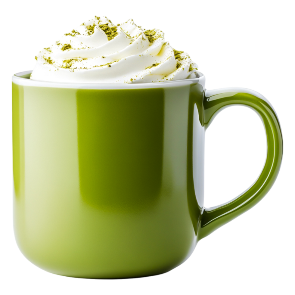 Green Cup with Whipped Cream and Matcha Powder on Top, png