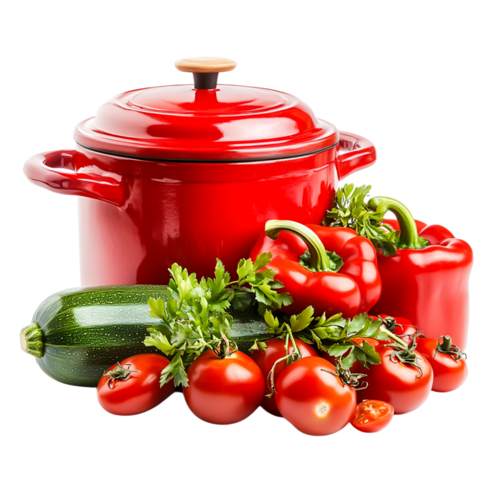 Fresh Vegetables and Red Pot for Cooking in Kitchen Setting png