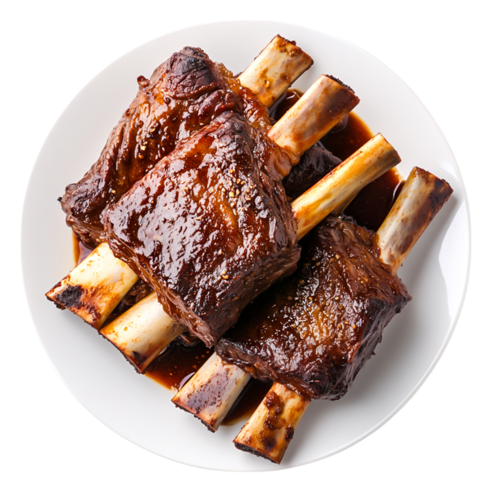 Delicious Slow-Cooked Beef Ribs Glazed in Rich Barbecue Sauce on Plate png