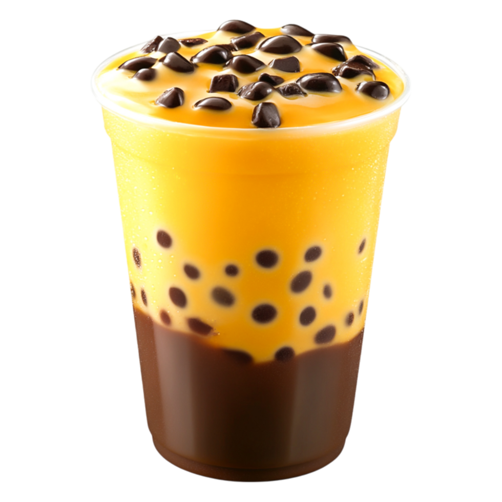 Refreshing Mango Drink with Chocolate Chips in Clear Cup png