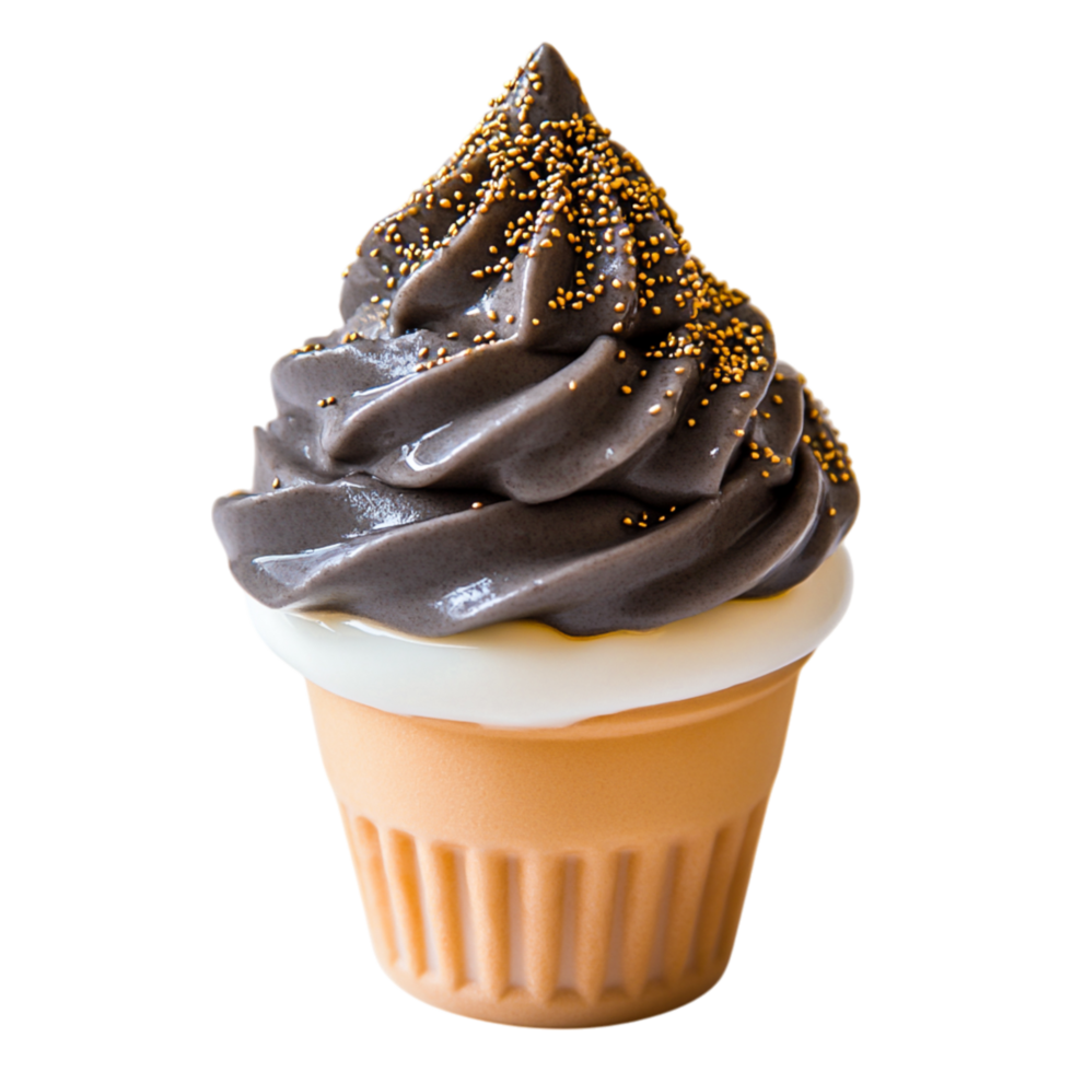 Creamy swirled chocolate ice cream in a classic cone with golden sprinkles png