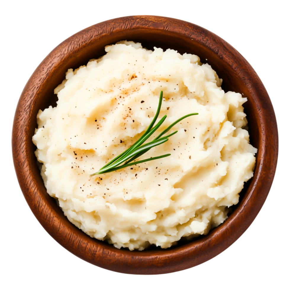 Creamy Mashed Potatoes Served in a Wooden Bowl with Fresh Herb Garnish png