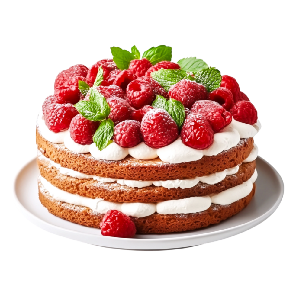 Fresh Raspberry Cake with Cream and Mint Leaves on White Plate png