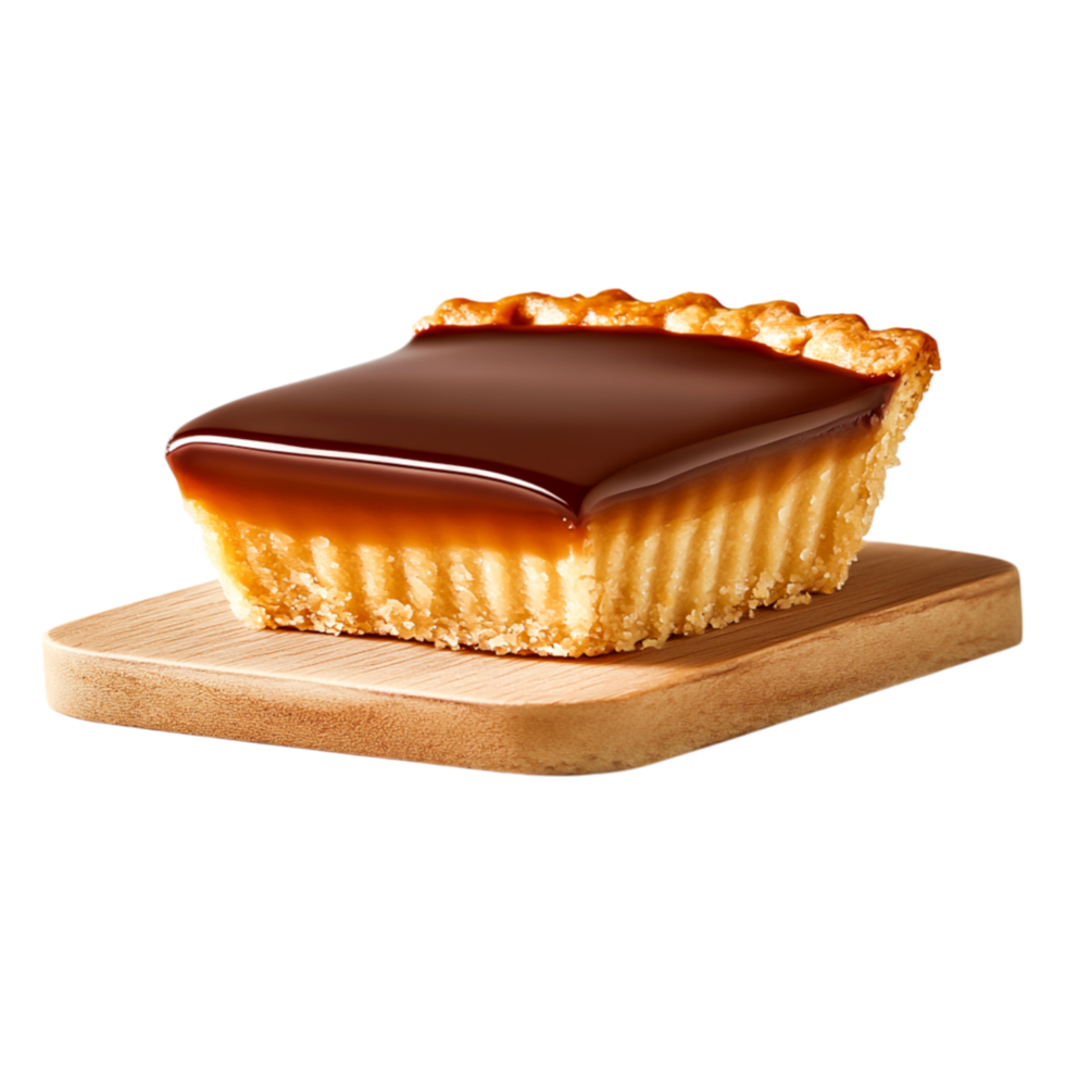 Deliciously Rich Caramel Tart on Wooden Cutting Board png