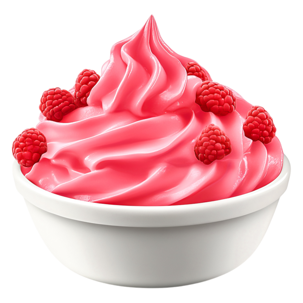 Creamy Raspberry Frozen Yogurt in a White Bowl with Fresh Raspberries png