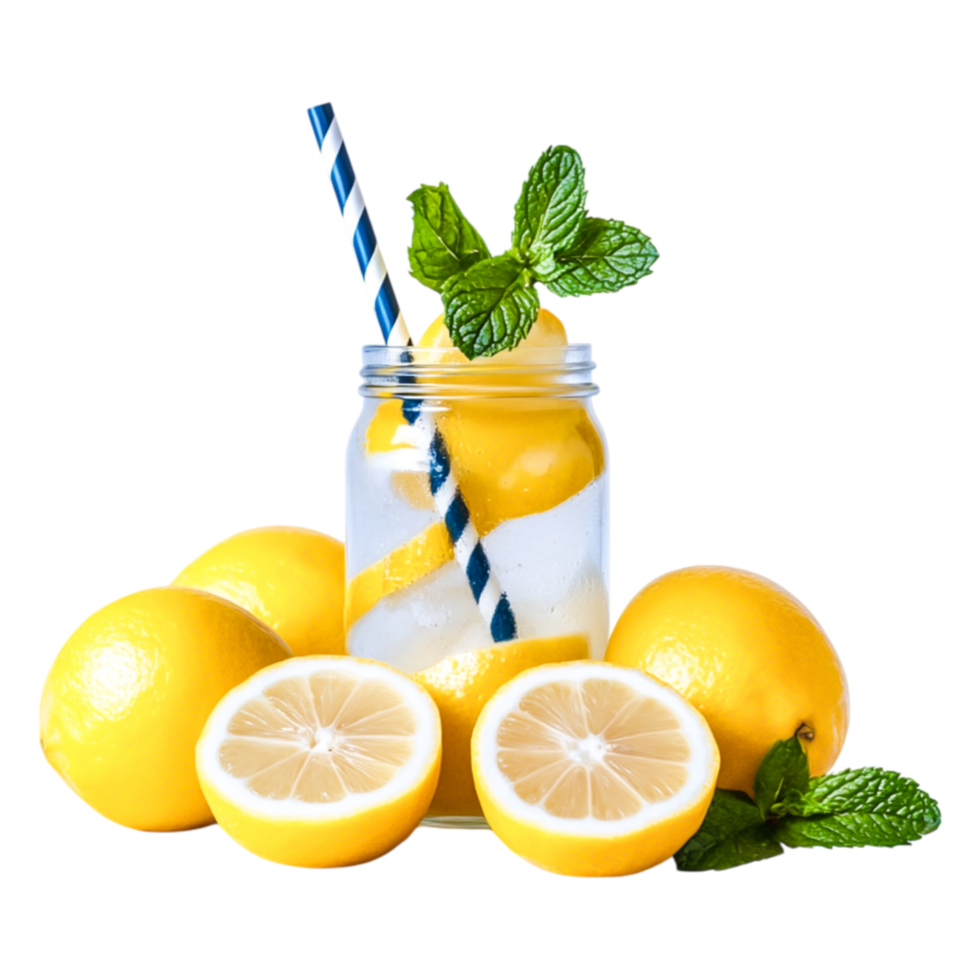 Refreshing Lemonade with Mint and Straw, Summer Drink in Jar png