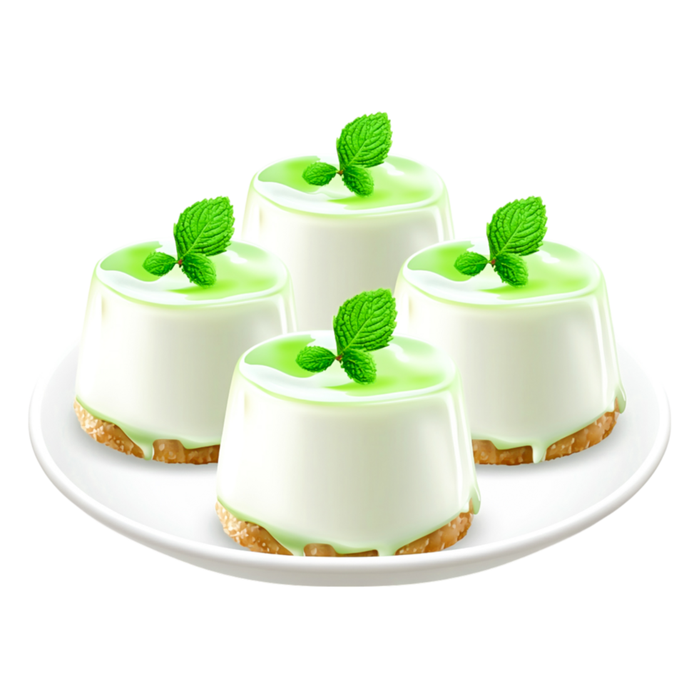Fresh Mint Pudding Desserts with Creamy Toppings on White Plate png