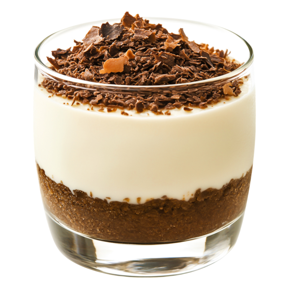 Creamy Dessert Layered with Chocolate Shavings in Clear Glass Cup png