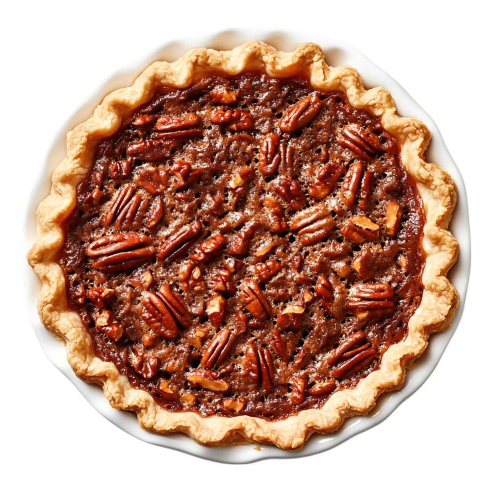 Delicious homemade pecan pie with golden crust and crunchy topping png