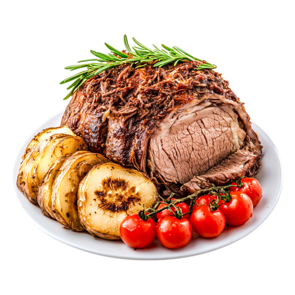 Juicy Roast Beef with Fresh Vegetables and Herbs on White Plate png