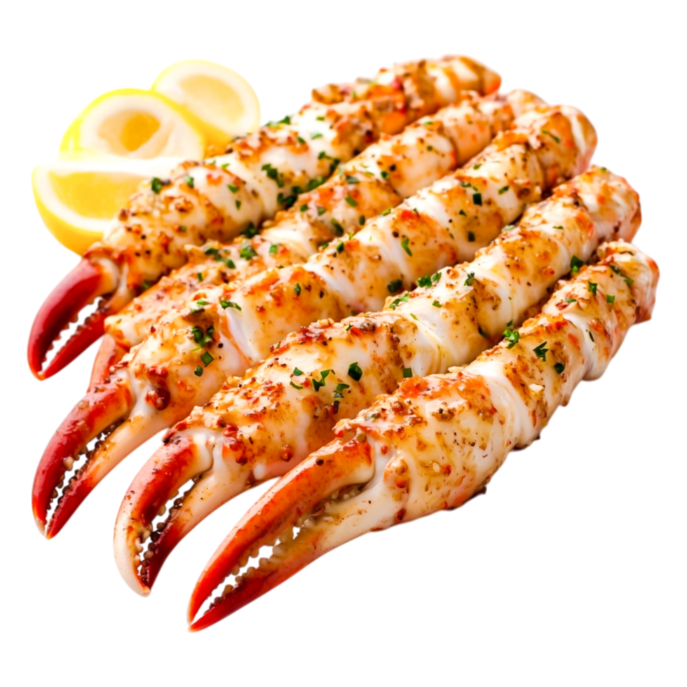 Delicious Grilled Crab Legs Garnished with Lemon Slices and Herbs png
