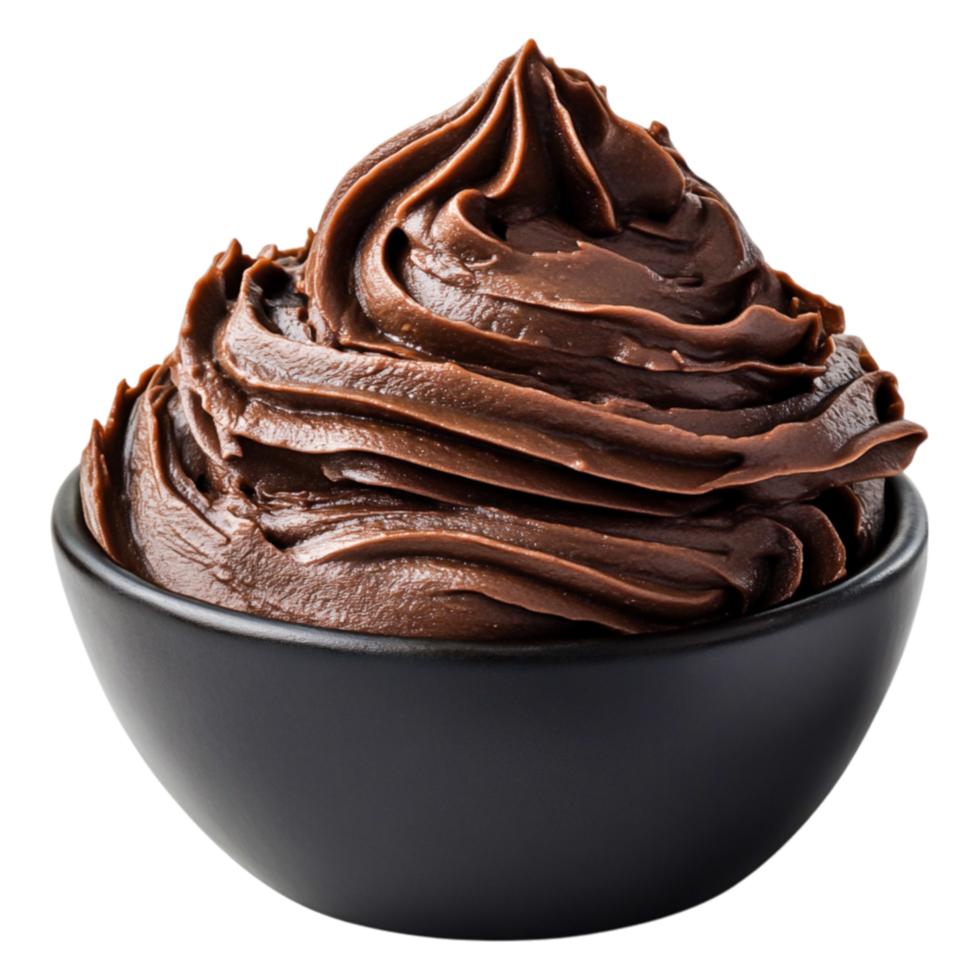 Rich and Creamy Chocolate Frosting in a Black Bowl on png