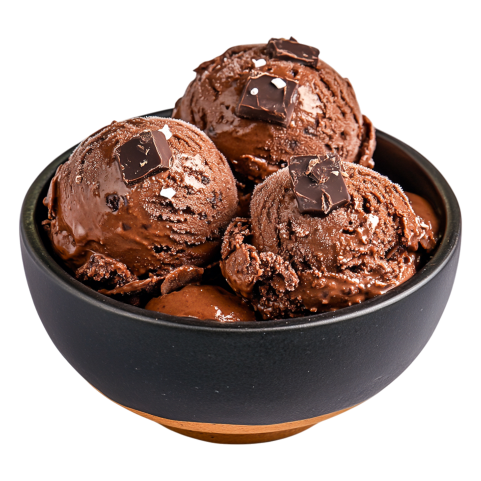 Delicious Chocolate Ice Cream Scoops in a Black Bowl with Toppings png