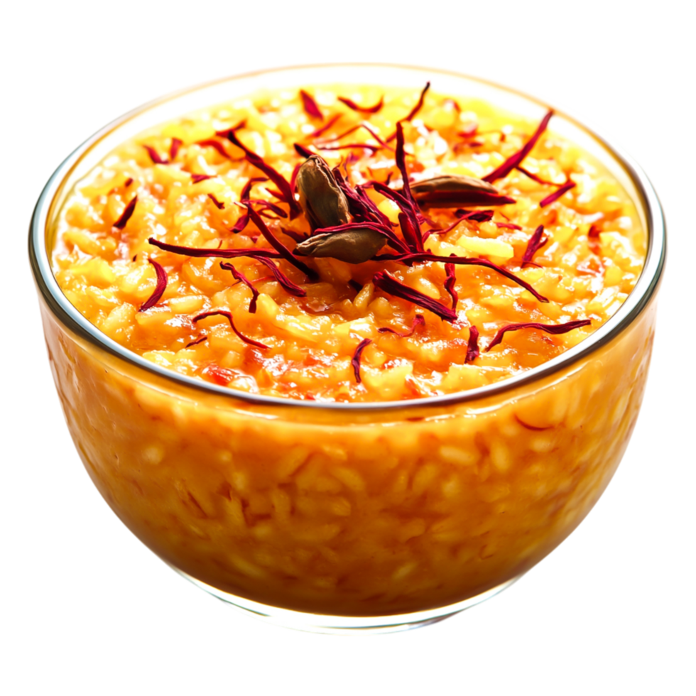 Creamy Rice Pudding with Saffrnd Cardamom Served in a Clear Bowl png